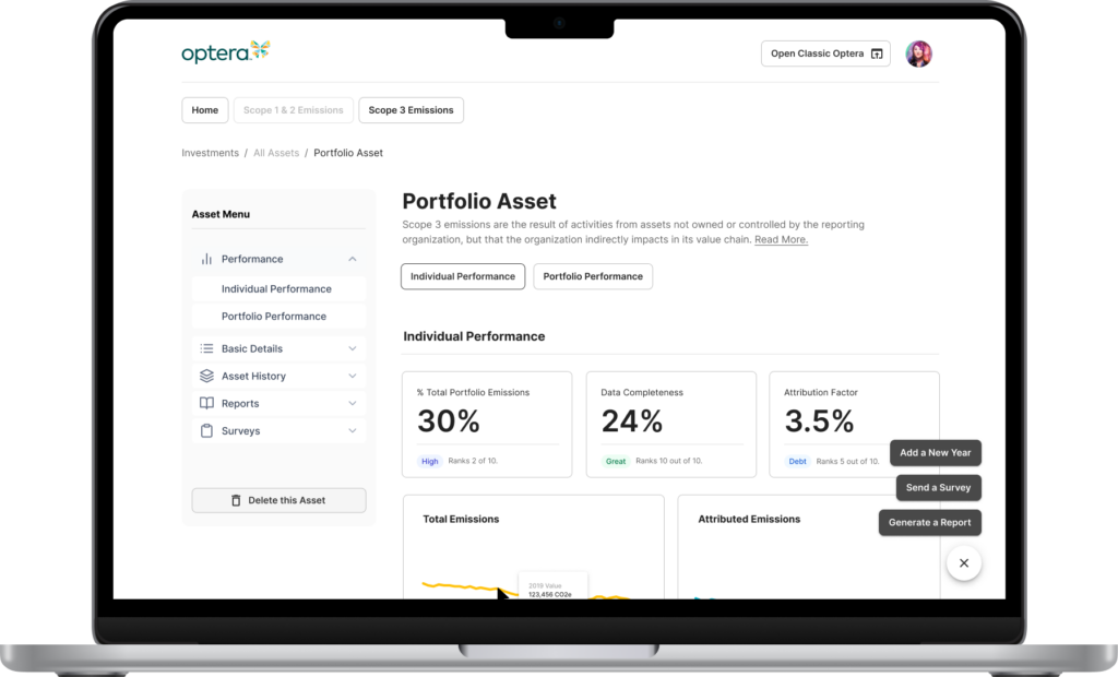 Screenshot of Optera's investments product dashboard, showing mock data for a portfolio asset